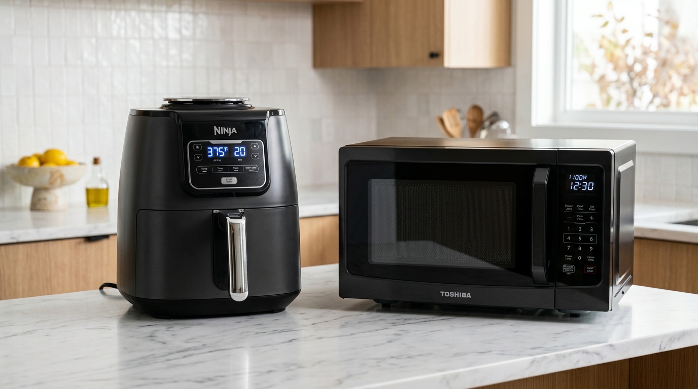 Digital Air Fryer and Countertop Microwave Oven Side by Side