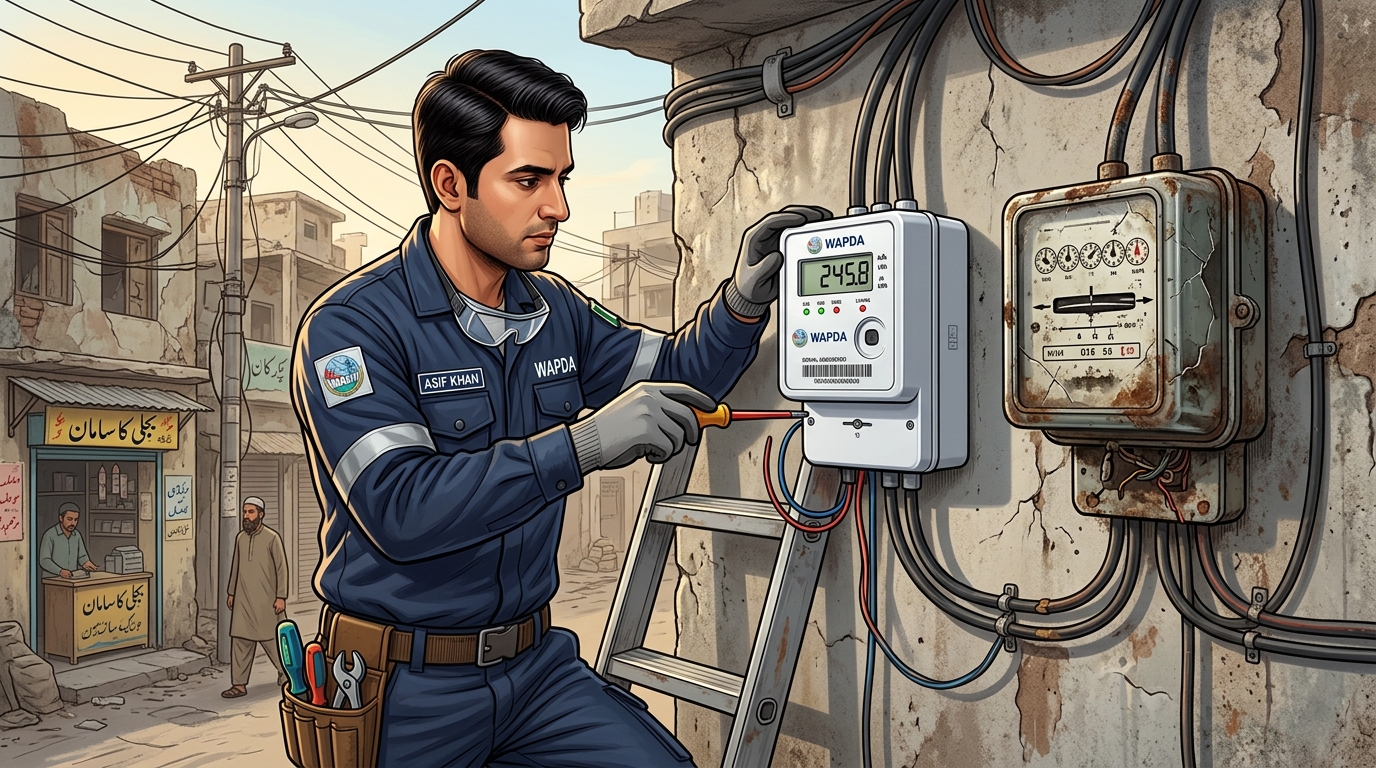 Electrician Replacing Burnt Damaged WAPDA Electricity Meter in Pakistan