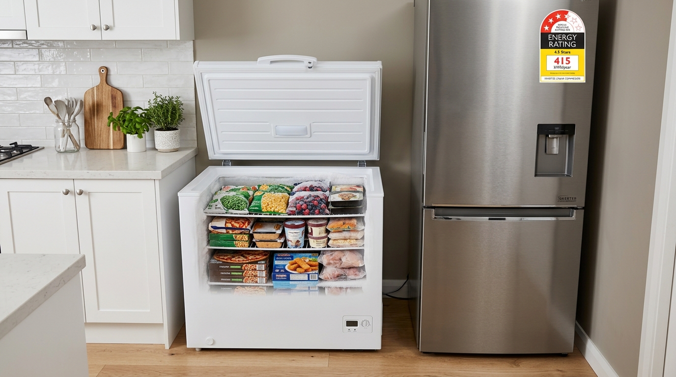 Chest Deep Freezer with Frozen Food Next to Modern Inverter Refrigerator