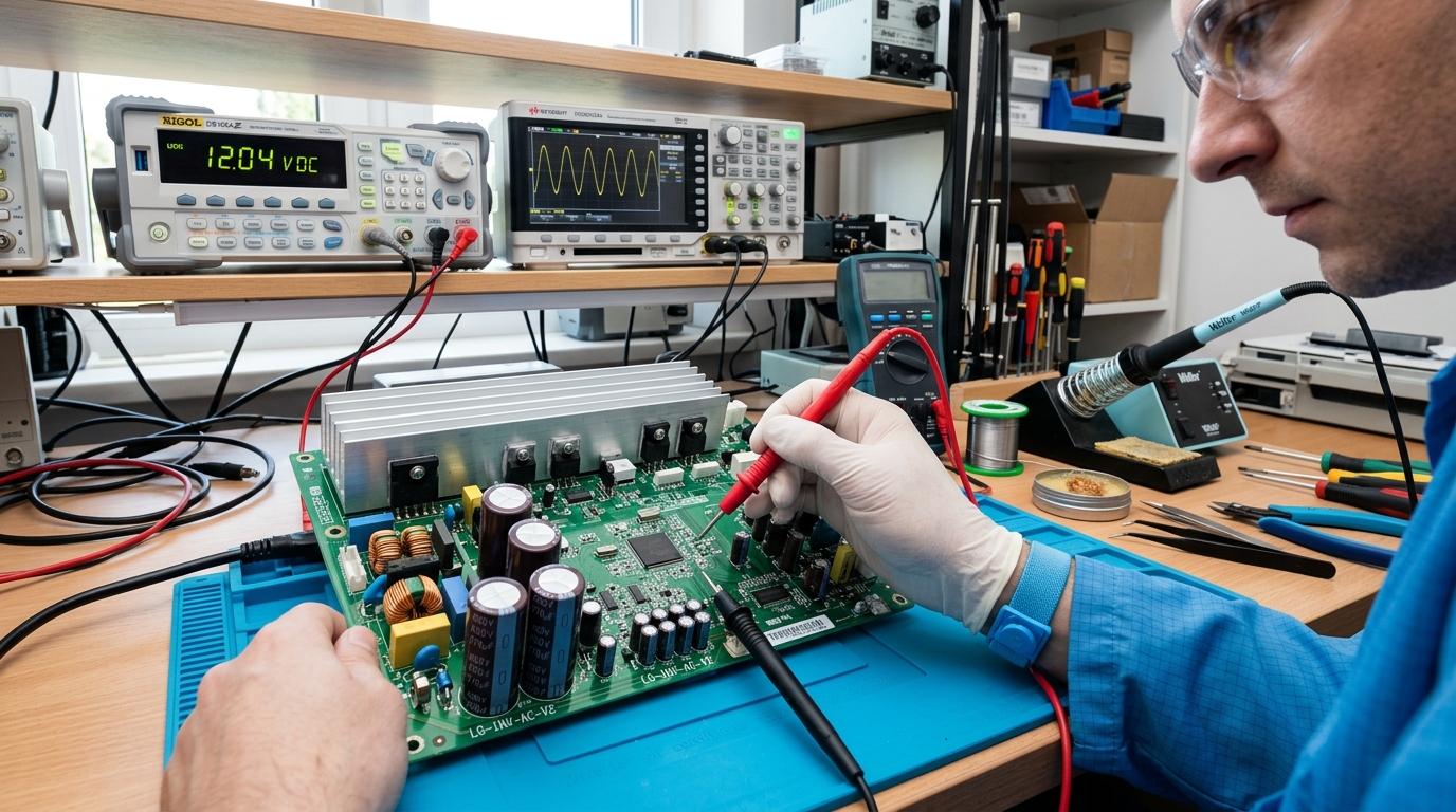 Technician Testing Inverter Internal Temperature Sensor and Fan Controller Circuit