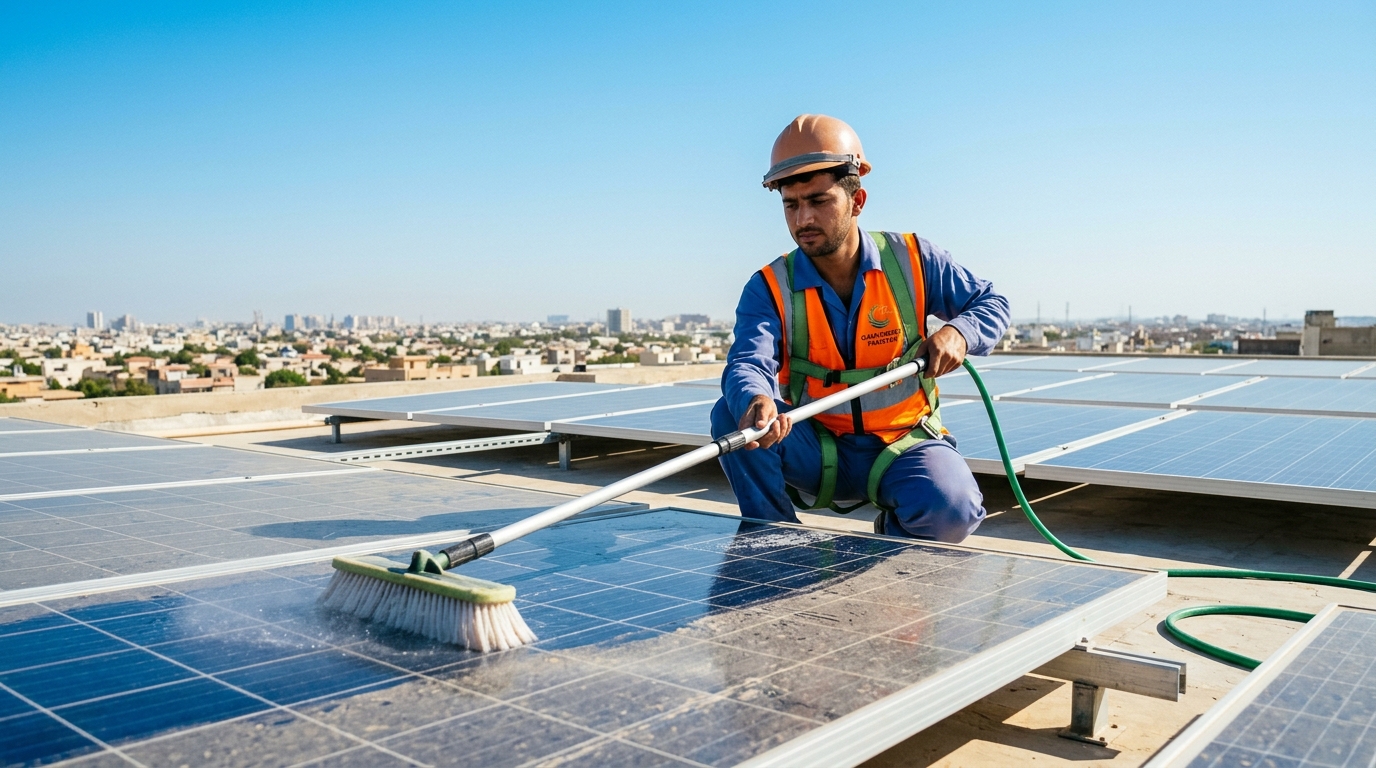 Technician Cleaning Rooftop Solar Panels with Microfiber Brush in Pakistan
