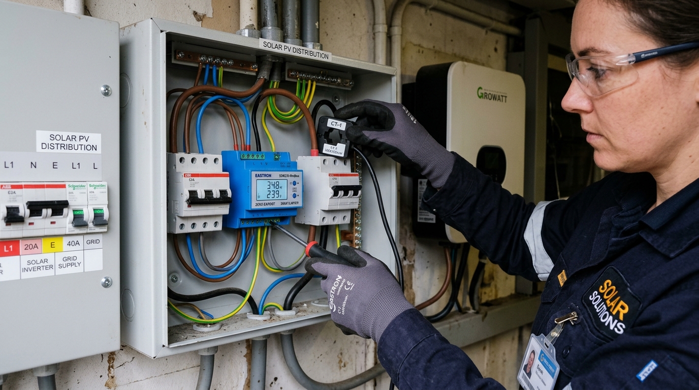 Electrician Installing Zero Export Smart Limiter with CT Sensor Clamp